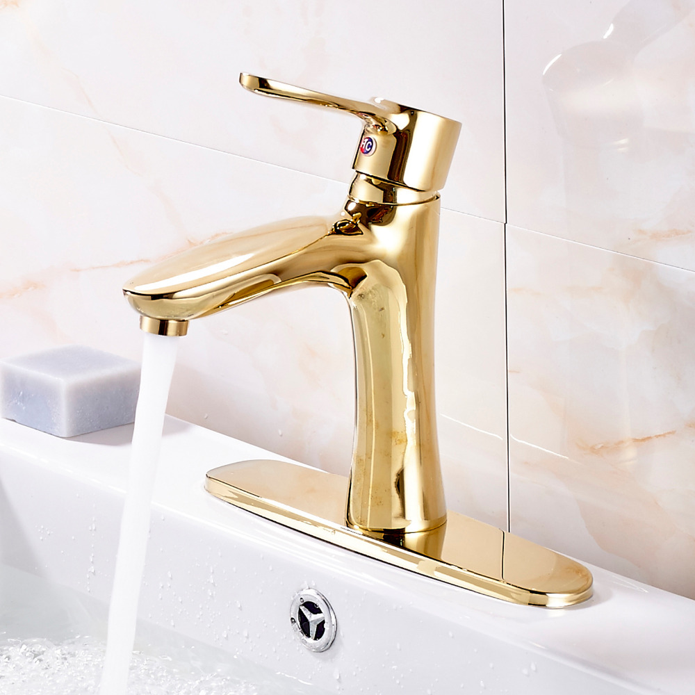 ָ 귡 氨  ̱ ڵ  Ȳ   ͼ  /  Ŀ ÷Ʈ/Solid Brass Single Handle Hole Golden Bathroom Faucet Mixer W/ Round Cover Plate